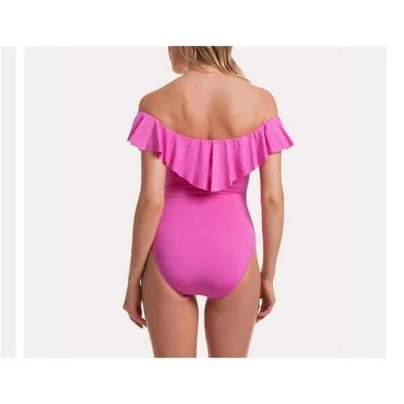 Trina Turk Key‎ Solids Off the Shoulder Bandeau Ruffle One Piece Swimsuit - Picture 2 of 8